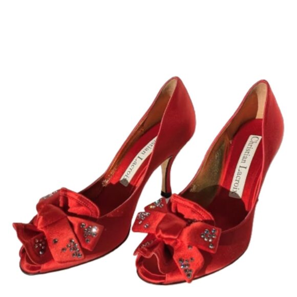 Christian Lacroix High Heel Peep-Toe Shoes with Bow and Rhinestones - Picture 2 of 8
